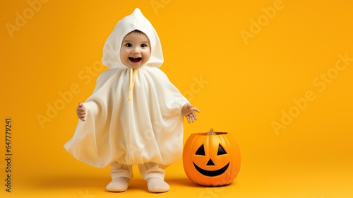 Halloween little kid in ghost costume, yellow background with copy space