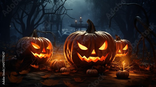 Jack O Lanterns pumpkin  Glowing at moonlight in spooky halloween night