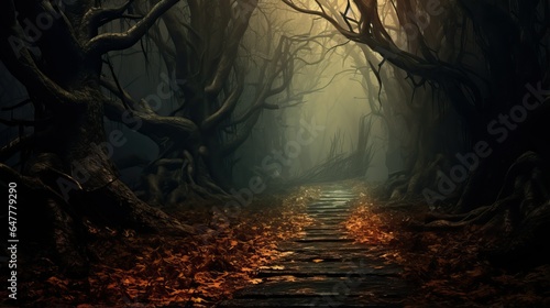 Mysterious pathway. dark foggy forest