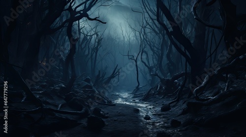 Haunted forest creepy landscape at night