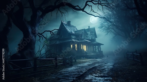 Old ghost house in the forest at spooky night