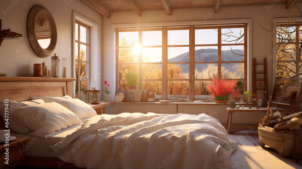 cozy bed room white pillows and bed with morning light through big window,farm house bed room cozy bed room white pillows and bed with morning light through big window,farm house bed room