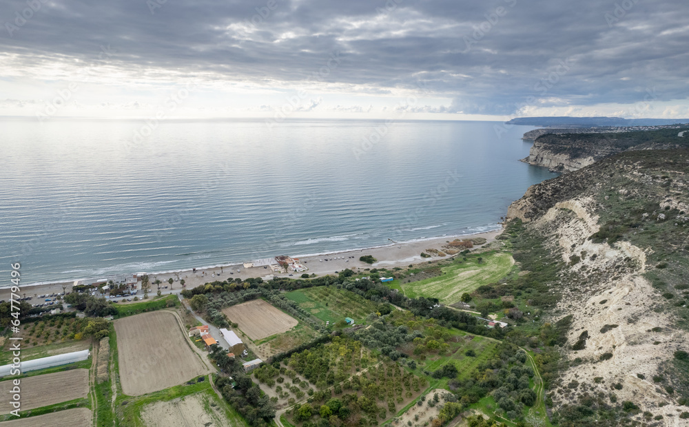 Drone aerial scenery of coastline and farmland. Holiday resort, kourio beach Limassol Cyprus
