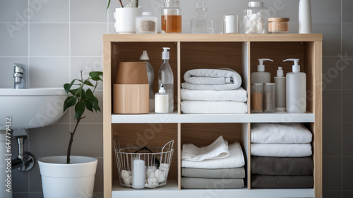 Shelving unit with clothes in bathroom at house. telephoto lens daylight white generative ai
