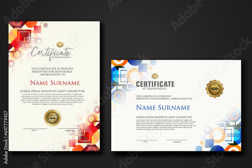 modern certificate template with dynamic color on geometric shape ornament