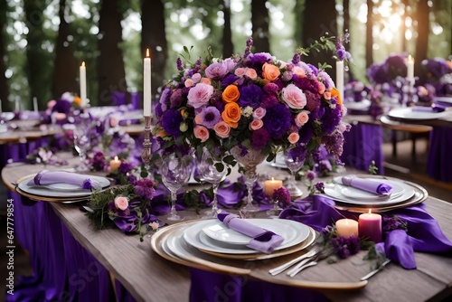 Elegance in Violet  Wedding Banquet Tablescapes Adorned with Flowers and Candles