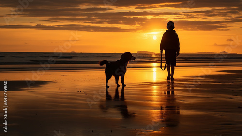 Silhouette of boy and dog playing on the beach at sunrise.generative ai © LomaPari2021