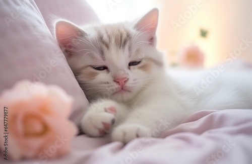 ブランケットの上ですやすや眠る可愛い子猫 猫の平穏な日常生活