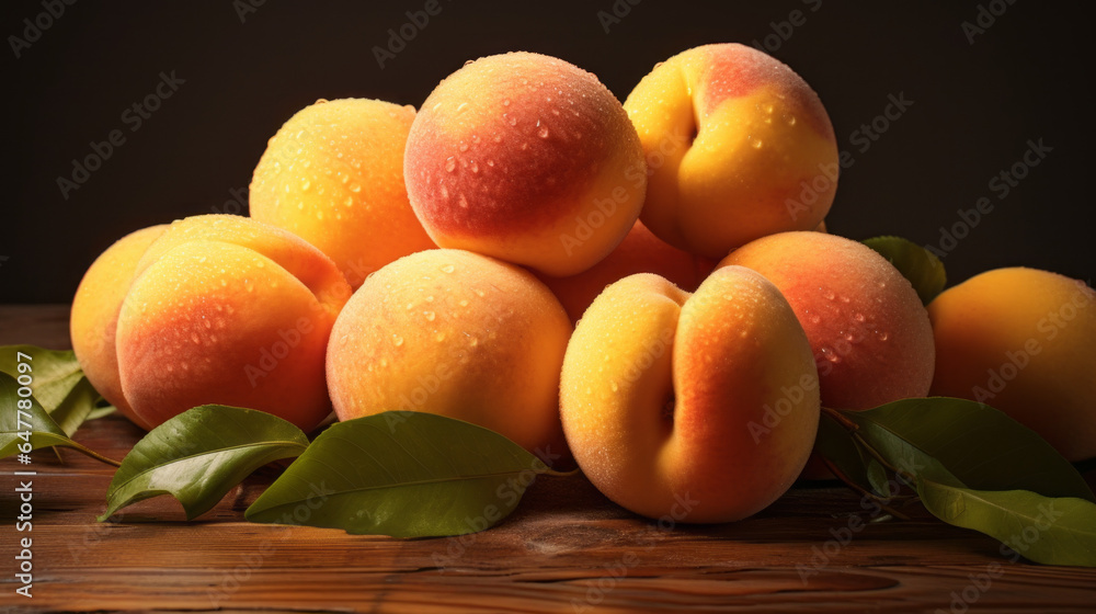 peaches with green leaves illuminated with light peaches with green leaves illuminated with light