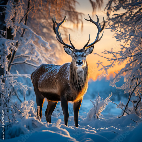 A majestic reindeer silhouette stands out against a pristine snowy landscape capturing the essence of winter tranquility 