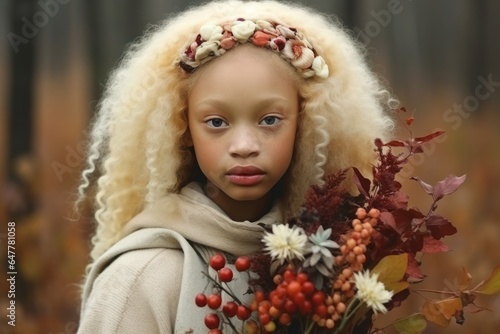Adorable blonde African American girl with beautiful autumn bouquet in hand. © Irina