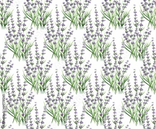 Lavender bouquets with leaves on white background  watercolor seamless pattern for wallpapers  wrapping paper  fabric  textile  product packaging etc.