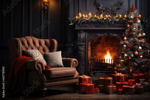 Interior room with elegant Christmas tree, fireplace and a blanket on the couch