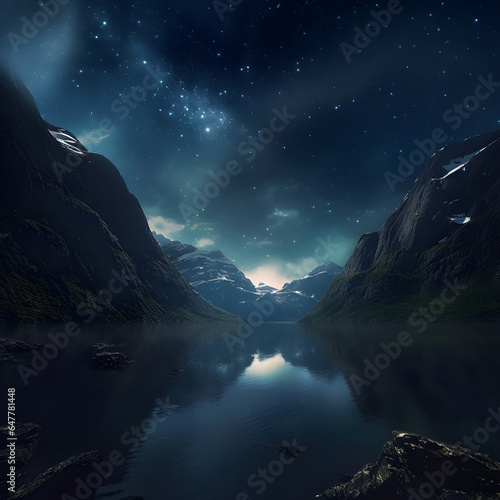 Fjord landscape by night, stars in the sky, lake surrounded with mountains
