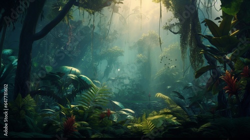 tropical trees and leaves wallpaper design in foggy forest - 3D illustration © Bea