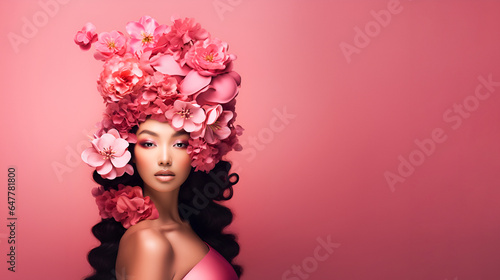 Beauty Art girl Spanish brunette with pink flowers in her hair and professional makeup, on a studio pink background with copy space. The concept of naturalness of cosmetic products and cosmetology.