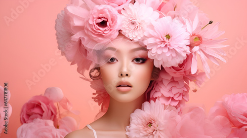  portrait of an asian brunette girl with pink flowers in her hair and professional makeup, on a studio pink background with copy space. The concept of naturalness of cosmetic products and cosmetology. © Tetiana