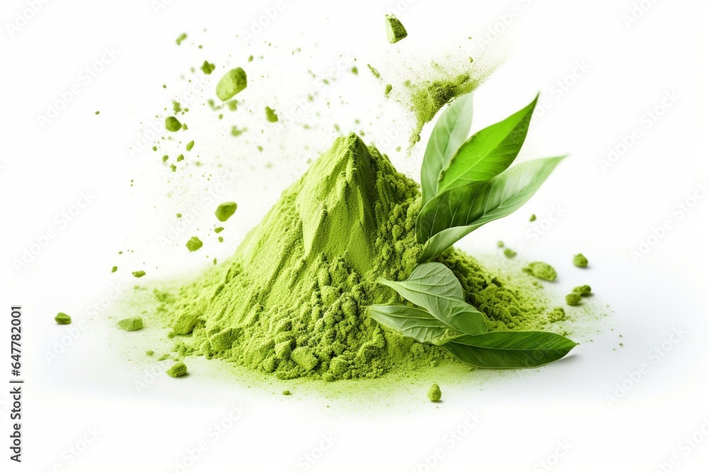 Explosive powder flavors on a white background with mockup of kratom leaves for matcha tea. Generative AI - obrazy, fototapety, plakaty 