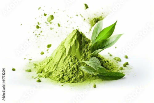Explosive powder flavors on a white background with mockup of kratom leaves for matcha tea. Generative AI