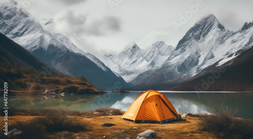 Orange tent on the background of mountains and lake