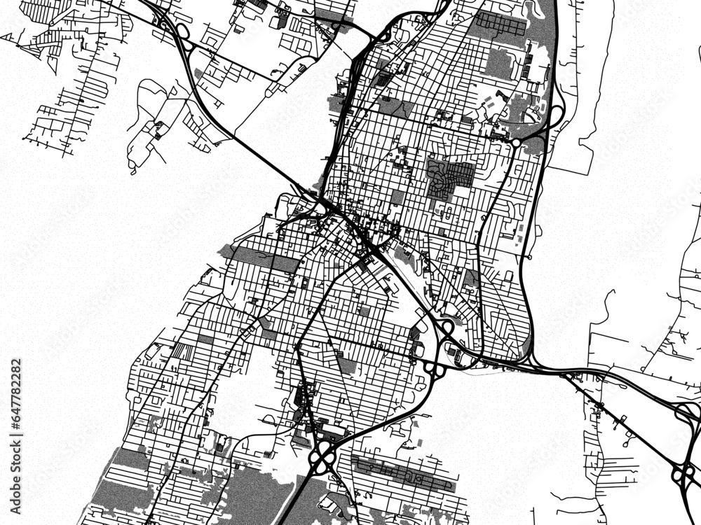 Greyscale vector city map of  Fall River Massachusetts in the United States of America with with water, fields and parks, and roads on a white background.