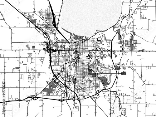 Greyscale vector city map of  Fond du Lac Wisconsin in the United States of America with with water, fields and parks, and roads on a white background.