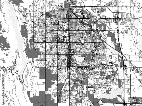 Greyscale vector city map of  Fort Collins Colorado in the United States of America with with water, fields and parks, and roads on a white background.