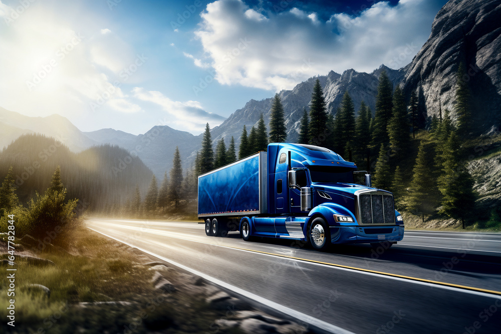 A blue large truck is driving fast with a blurry environment on a busy highway surrounded by nature A blue large truck is driving fast with a blurry environment on a busy highway surrounded by nature
