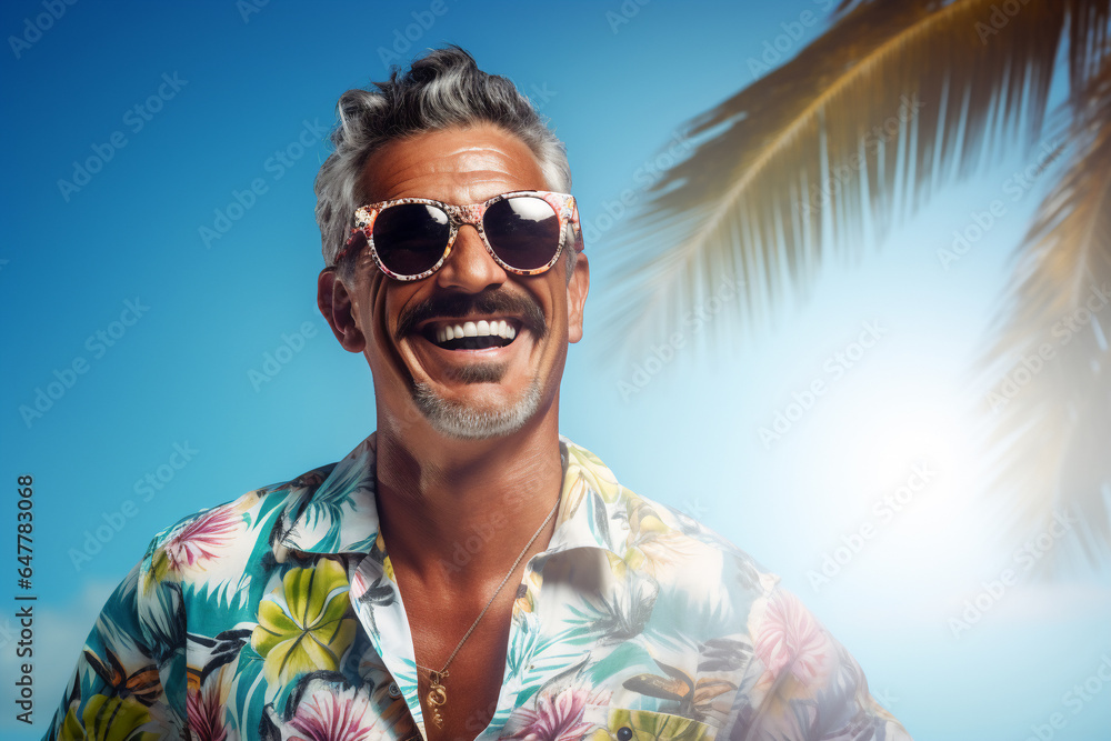 A holiday cool man is smiling sunglasses on a  beach ; a tropical background or banner
