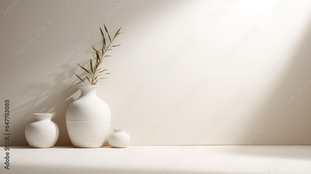 Minimalist Photography Set: Clean White Wall with Chic Minimalistic Plants in White Clay Vases Minimalist Photography Set: Clean White Wall with Chic Minimalistic Plants in White Clay Vases