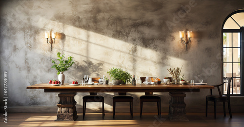 Dining room with Venetian plaster interior with interior design solutions. Dining room with large table and chairs and necessary equipment. AI generated.