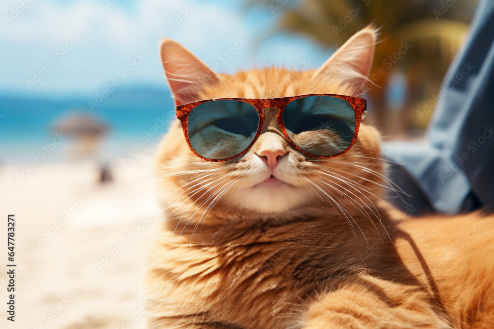 Poster Wandbilder A holiday happy cat is smiling sunglasses on a beach a vacation background or 40x26.7 cm
