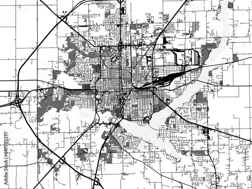 Greyscale vector city map of Decatur Illinois in the United States of America with with water, fields and parks, and roads on a white background.