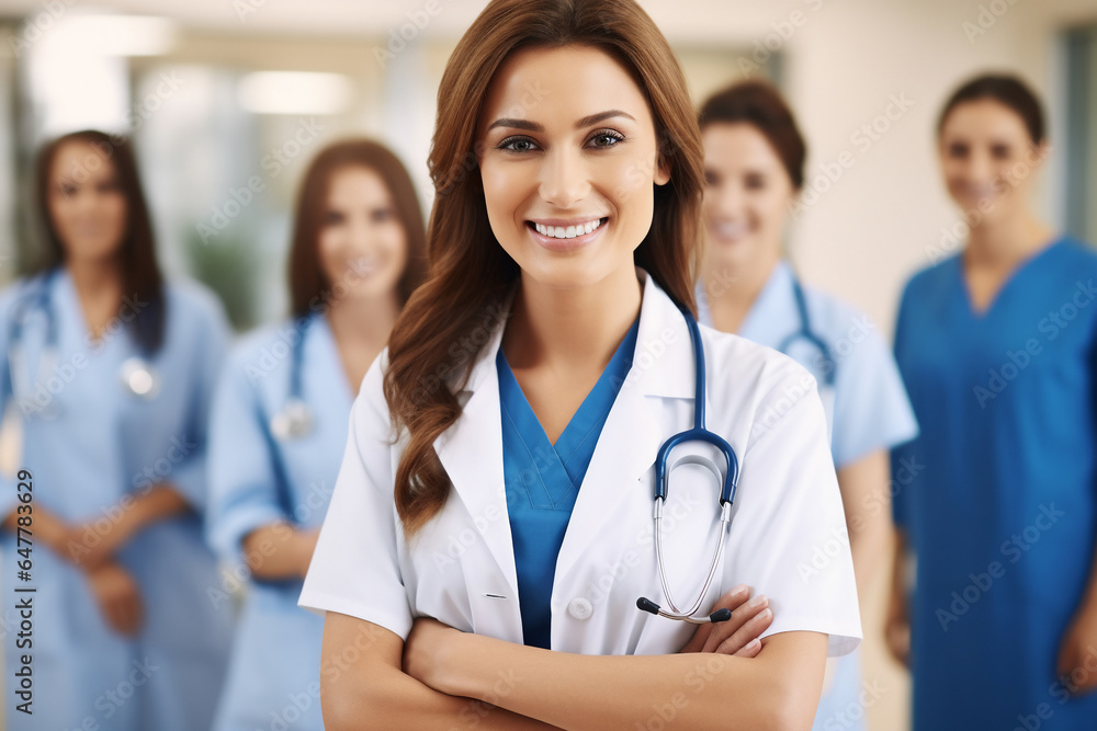 A female caucasian doctor is standing while beaming with confidence with the team behind in a modern hospital A female caucasian doctor is standing while beaming with confidence with the team behind in a modern hospital