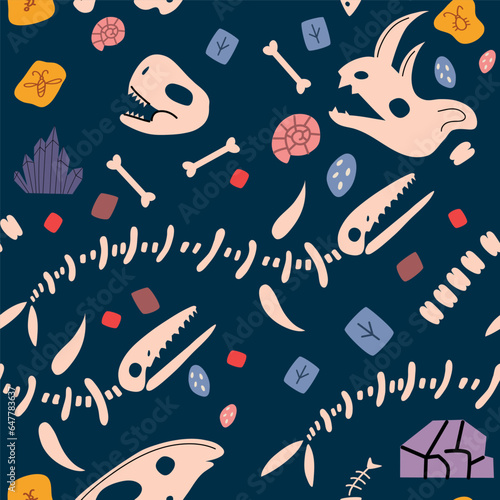 Seamless pattern with dino skeletons and dinosaur skulls. Fossils.