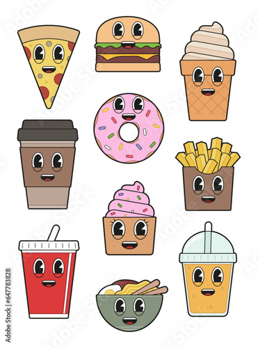 Vector illustration of a kawaii cartoon fast food characters set.
