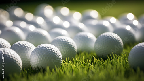 Generative AI, Close up golf balls on green grass, golf course background
