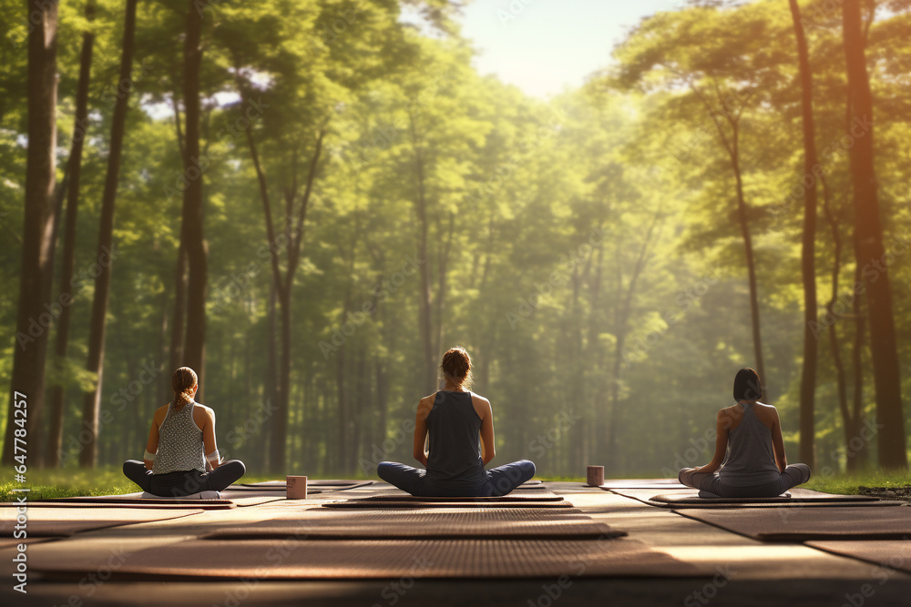 A group of adult happy woman and man are doing yoga exercises relaxed and mindfull with a yoga mat in a beautiful forest on a sunny day - obrazy, fototapety, plakaty 