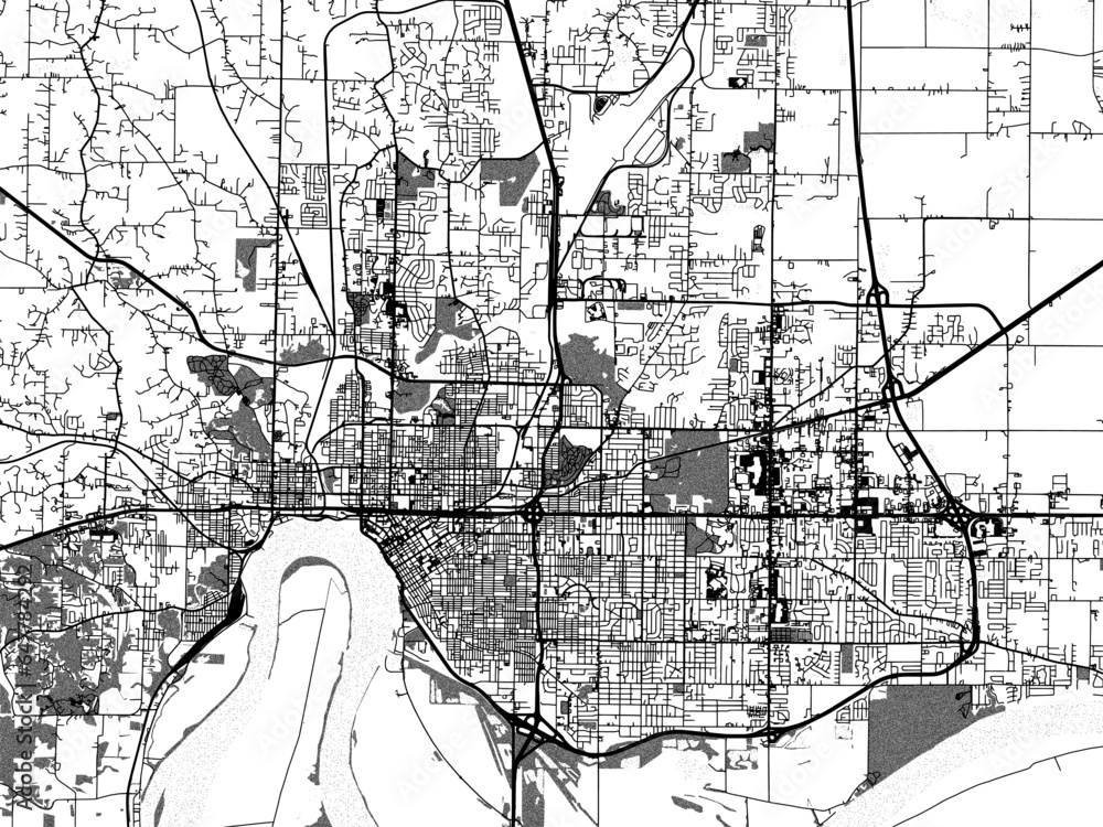Fototapeta premium Greyscale vector city map of Evansville Indiana in the United States of America with with water, fields and parks, and roads on a white background.