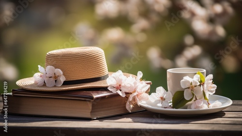 Visual for content. Still life in vintage style. A mug of coffee, an old book, a straw hat and a cherry blossom in the garden on a wooden table