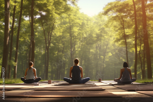 A group of adult happy woman and man are doing yoga exercises relaxed and mindfull with a yoga mat in a beautiful forest on a sunny day