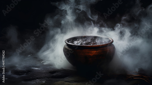 Realistic witch cauldron in a spooky scene with white colored smoke. Witch cauldron for Halloween.
