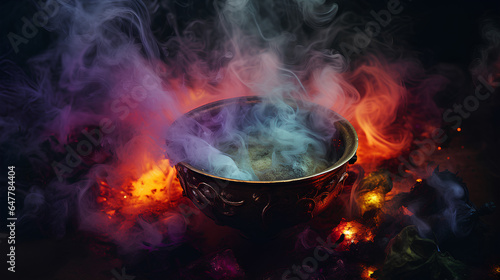 Realistic witch cauldron in a spooky scene with multicolored smoke. Witch cauldron for Halloween.