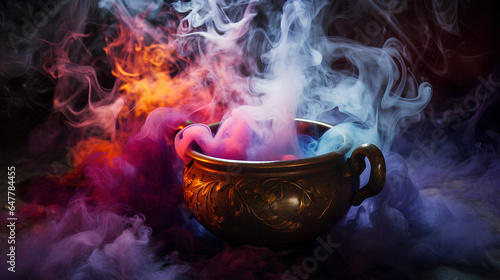 Realistic witch cauldron in a spooky scene with multicolored smoke. Witch cauldron for Halloween.