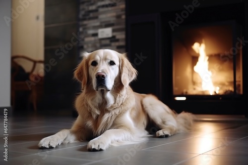 cute dog on the floor near an electric fireplace