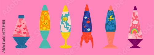 A set of lava lamps with liquid inside. The concept of decor in the style of astro and disco of the 70s.