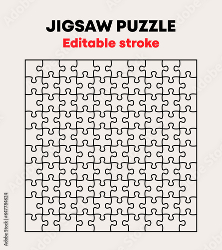 100 jigsaw puzzle linear template. Editable stroke vector.