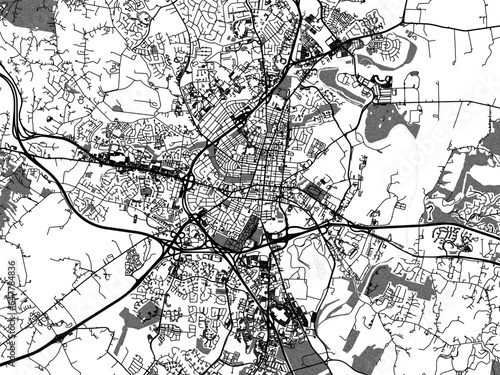 Greyscale vector city map of Frederick Maryland in the United States of America with with water, fields and parks, and roads on a white background.
