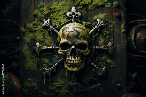 A menacing skull and crossbones emerge from a weathered green backdrop symbolizing danger and adventure 