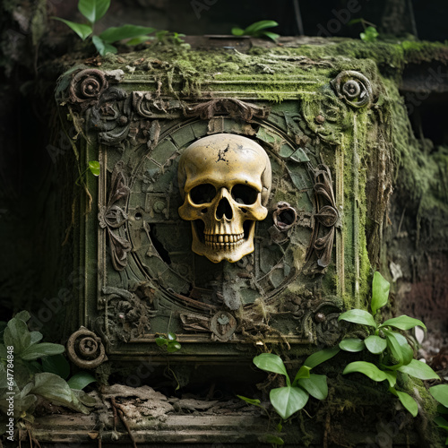 A weathered skull and crossbones barely visible on a crumbling green facade hint at a forgotten pirate hideout 